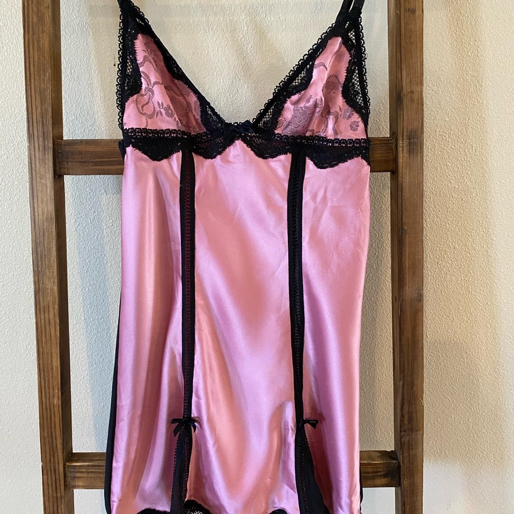 Victoria's Secret Pink Satin Chemise with Black Lace